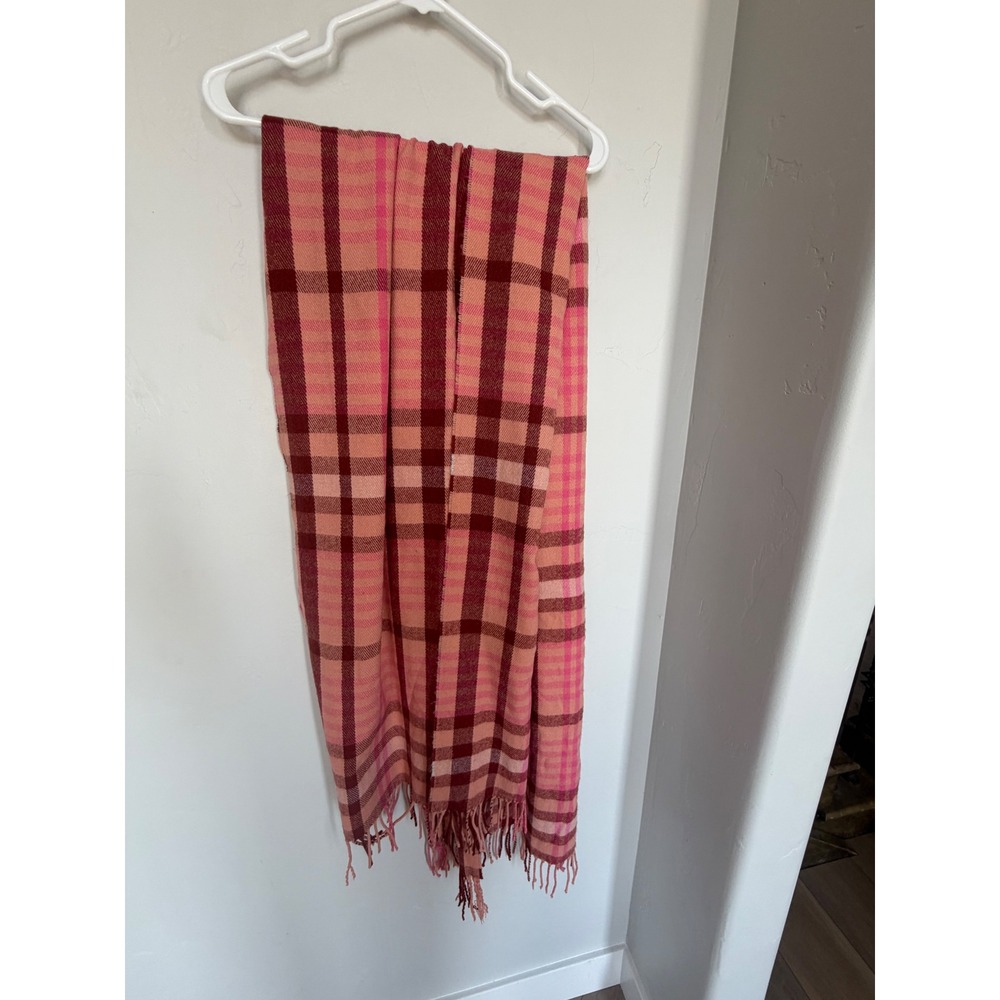 J.Crew Pink Orange Plaid Scarf Oversized Fringed Acrylic Wrap RN77388
